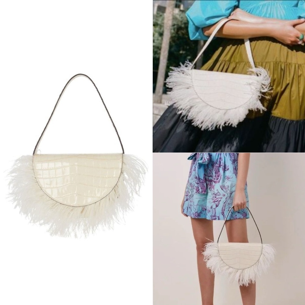 STAUD Amal Feather-Trimmed Croc-Effect Leather Shoulder Bag